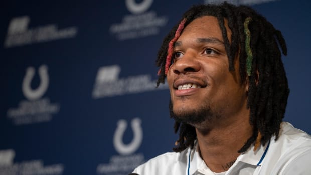 Indianapolis Cots Quarterback Anthony Richardson speaks to the media Thursday, Jan. 11, 2024 at the Indiana Farm Bureau Football Center, the Colts Complex.